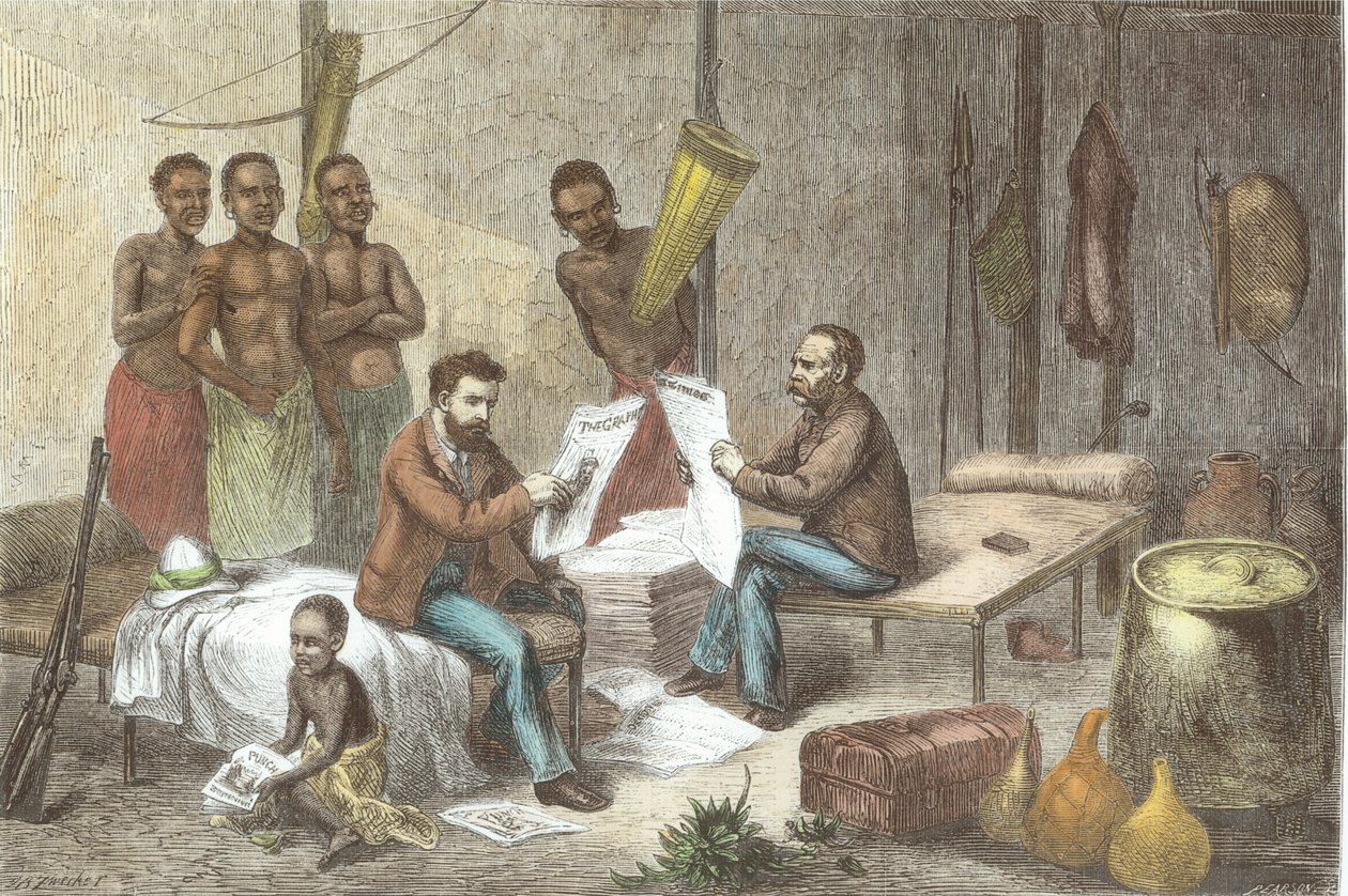 Dr. David Livingstone (1813-73) e Henry Morton Stanley (1841-1904) Recebendo Jornais na África Central, gravados por Pearson (posterior coloração) de Johann Baptist Zweecker