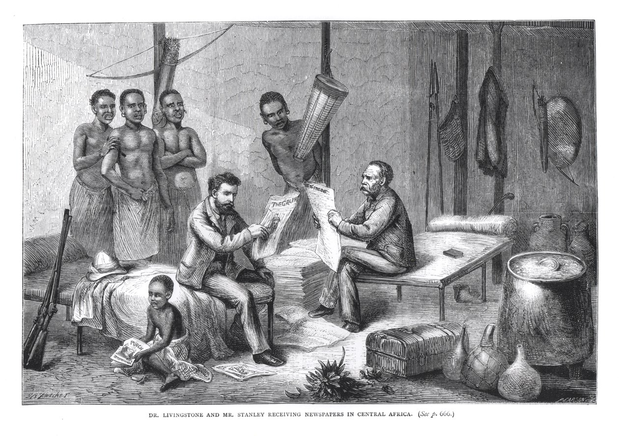 Dr. David Livingstone (1813-73) e Henry Morton Stanley (1841-1904) Recebendo Jornais na África Central, gravados por Pearson de Johann Baptist Zweecker