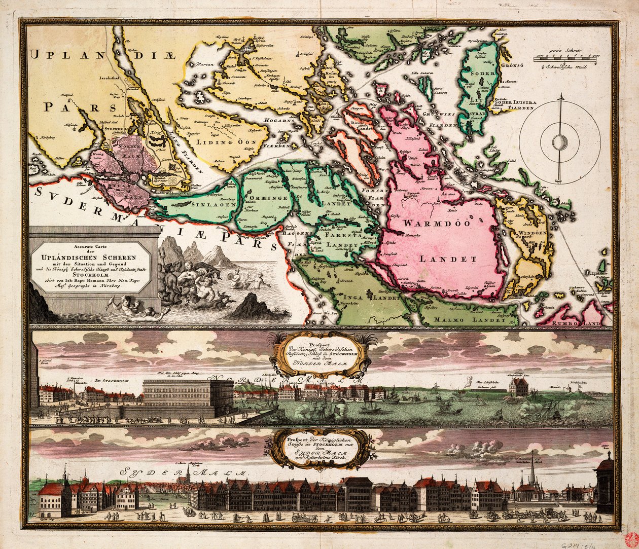 Mapa exato das tesouras do planalto com a situação e a área em redor da capital real sueca e da cidade residente de Estocolmo, c.1740 (gravura a cores) de Johann Baptista Homann