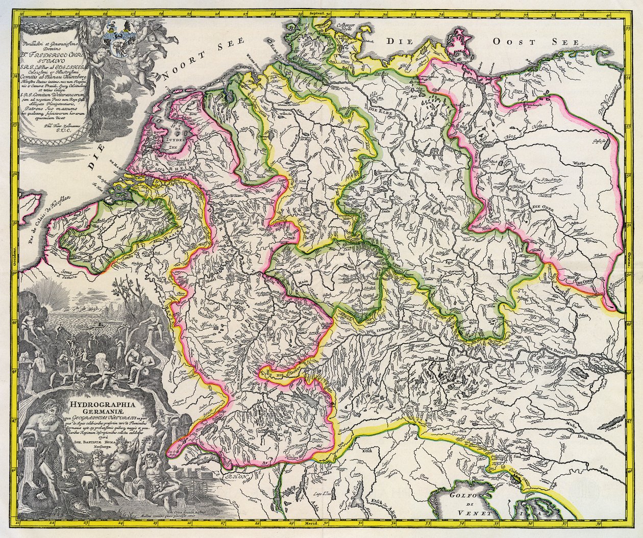 Mapa hidrográfico da Alemanha, por volta de 1720 (gravura) de Johann Baptista Homann