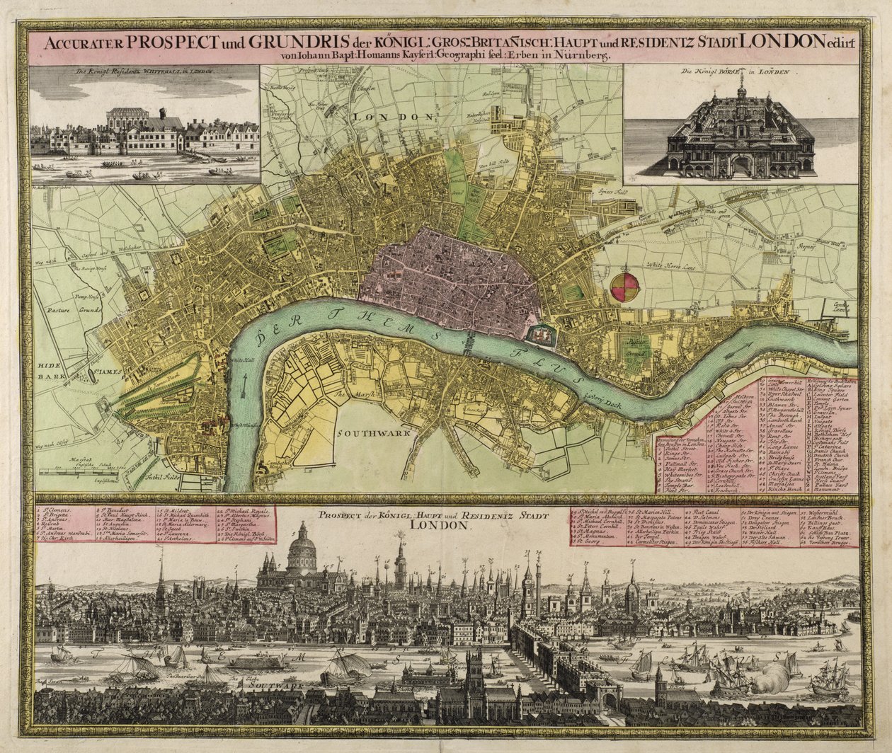 Mapa e Perspectiva de Londres, c.1710 (gravura colorida à mão) de Johann Baptista Homann