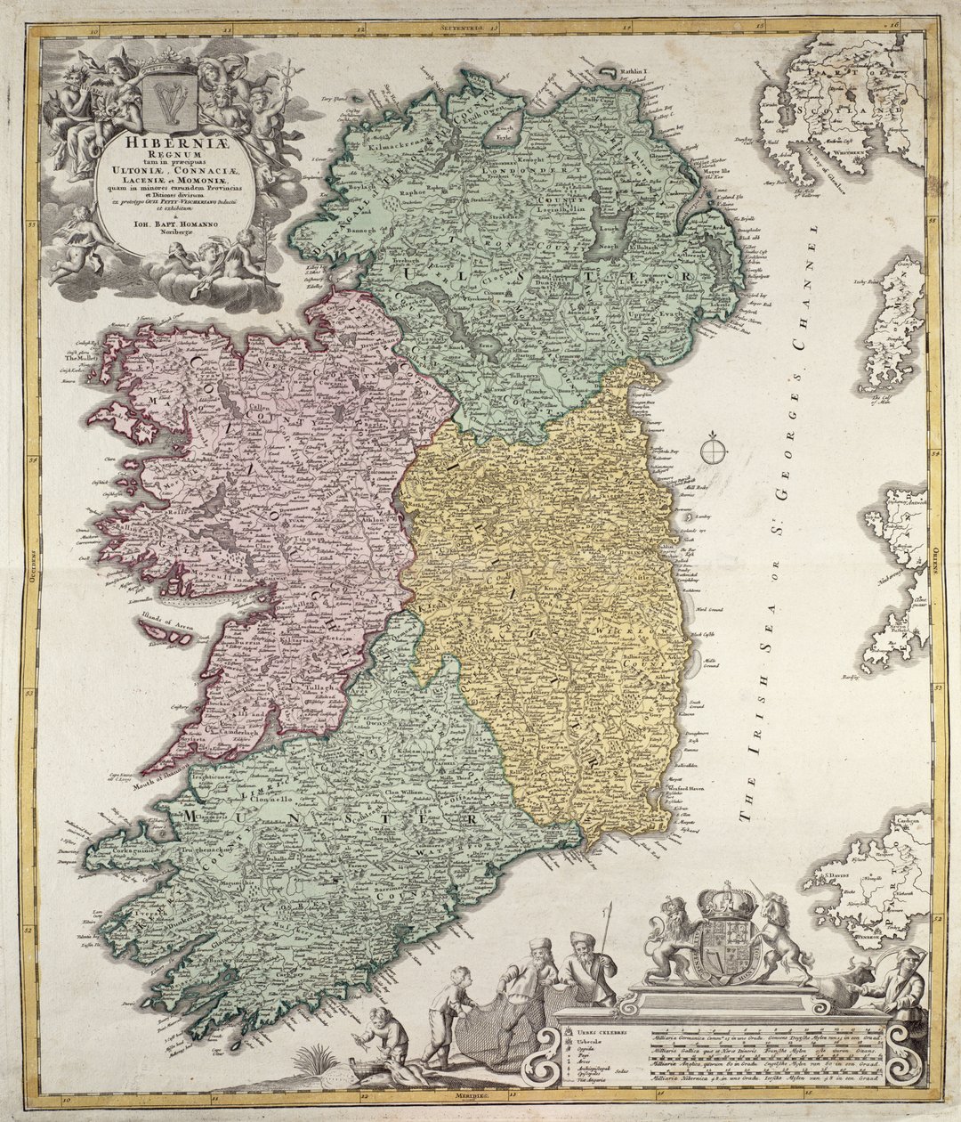 Mapa da Irlanda mostrando as Províncias de Ulster, Munster, Connaught e Leinster, por Johann B. Homann, c.1730 (gravura colorida à mão) de Johann Baptista Homann