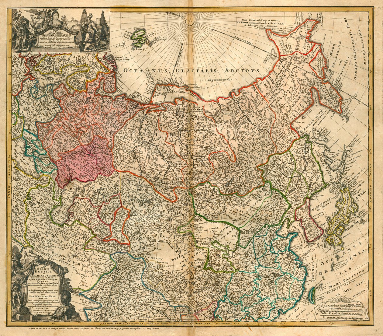 Mapa da Rússia (De: Imperii Russici et Tartariae universae tam majoris et Asiaticae quam minoris et Europaeae tabula) - Homann, Johann Baptist (1663-1724) - 1738 - Gravura em cobre, aguarela - Colecção Particular de Johann Baptista Homann