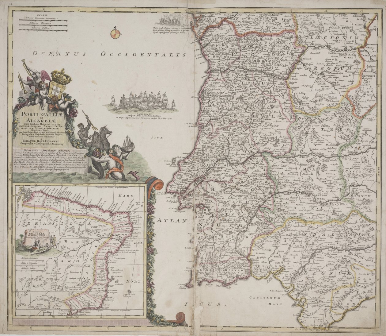 Portugal e Algarve (Portugallia et Algarbiae), c.1704 (gravura à mão) de Johann Baptista Homann