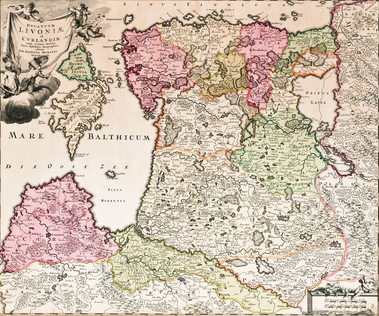 Do Mar Báltico, Baltikum Ducatuum Livonia e as ilhas vizinhas Curlandiae Mapa novo exposição, ca 1720 de Johann Baptista Homann