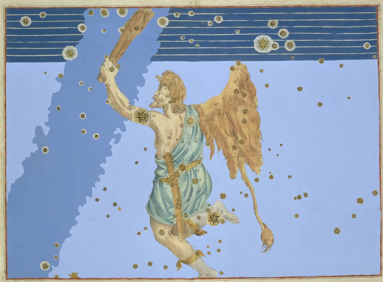 Constelação de Orion, de &39;Uranometria&39; de Johann Bayer, gravada por Alexander Mair (1559-c.1616) 1603 (gravura de cobre colorida à mão) de Johann Bayer