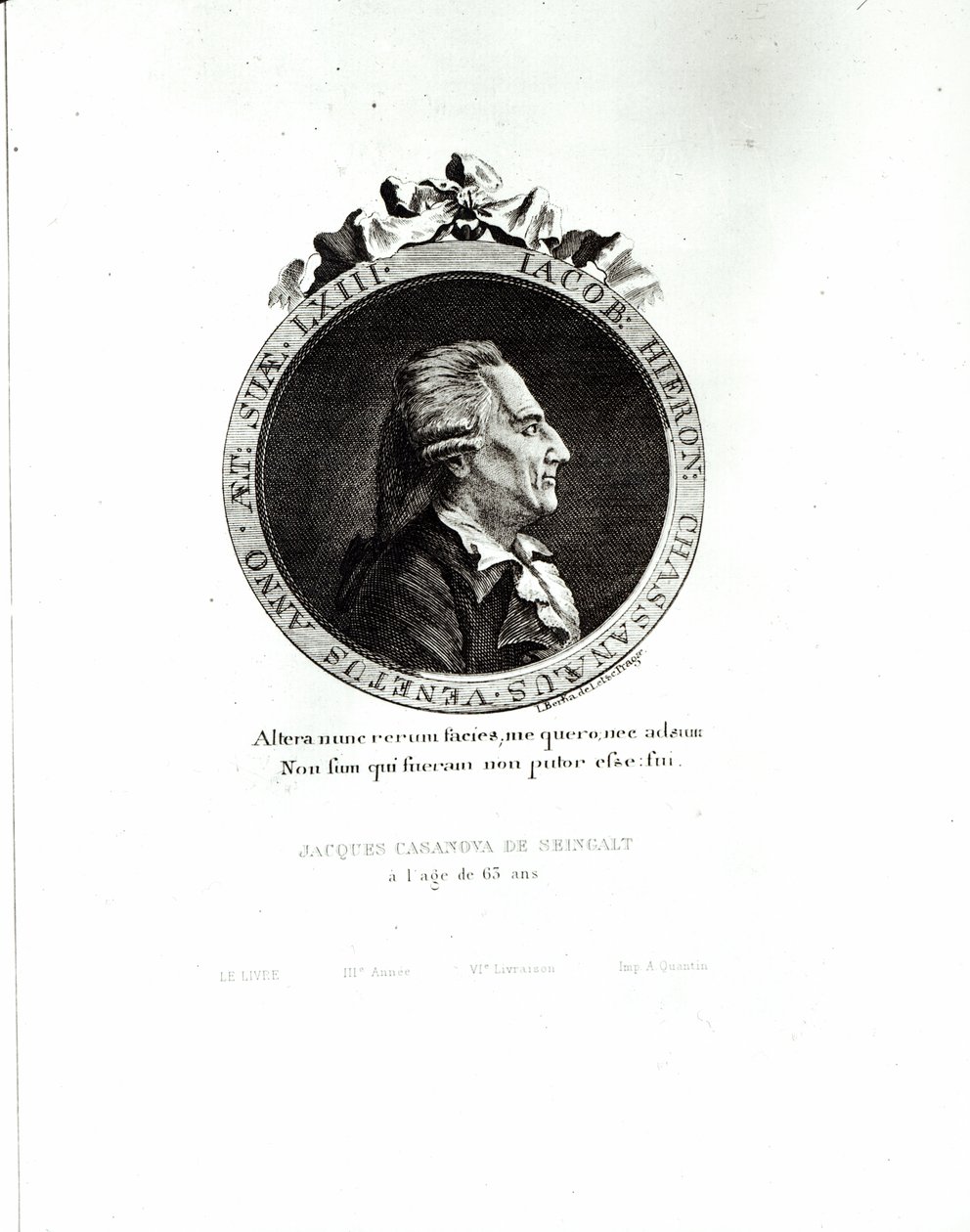Medalhão Retrato de Giacomo Casanova (1725-98) 63 anos, 1788 (gravura) (foto bw) de Johann Berka