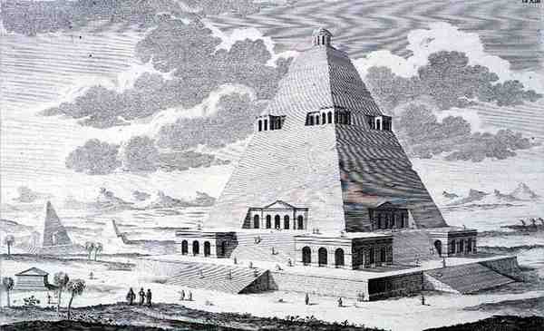 Uma Pirâmide fora de Tebas, Egito, de "Entwurf einer historischen Architektur" (Projeto de Arquitetura Histórica) de Johann Bernhard (after) Fischer von Erlach
