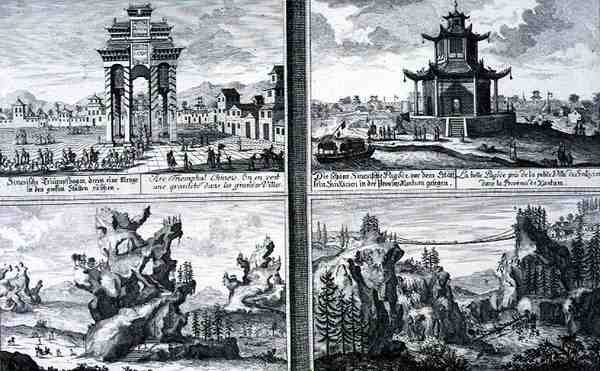 Quatro vistas mostrando um Arco Triunfal Chinês, um Pagode em Sinkicien na Província de Xantum, Montanhas e Grutas Artificiais e uma Ponte em Cadeia perto da cidade de Kingtung, China, de 