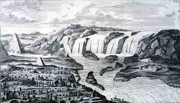 As Cataratas do Nilo e as Ruínas de Tebas, Egipto, de "Entwurf einer historischen Architektur", gravado por Johann Adam Delsenbach (1687-1765) 1721 (gravura) de Johann Bernhard (after) Fischer von Erlach