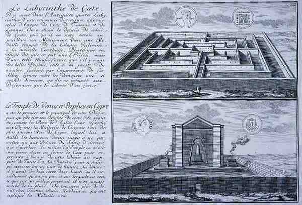 O Labirinto em Creta e o Templo de Vénus, Pafos, Chipre, ambos retirados de desenhos encontrados em antigas moedas romanas do "Entwurf einer historischen Architektur". de Johann Bernhard (after) Fischer von Erlach