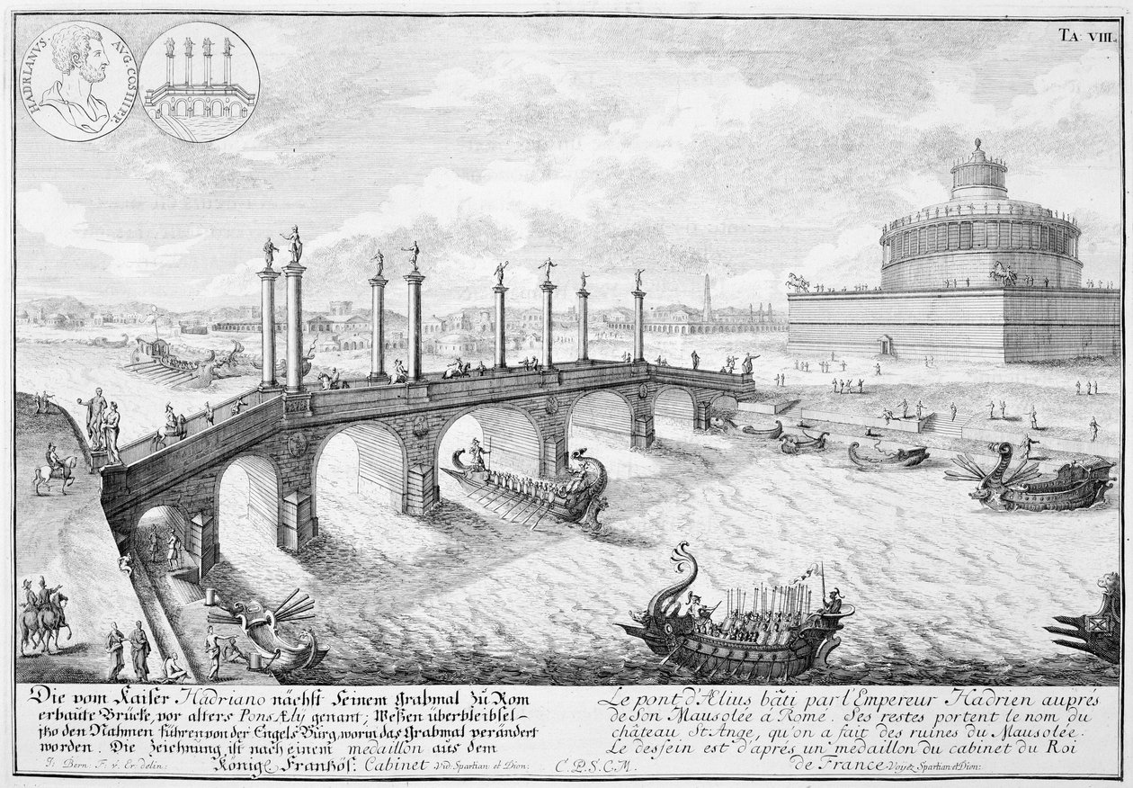 Ponte de Aelius e Mausoléu de Adriano (Castel Sant&39;Angelo), Roma, de &39;Design de uma arquitetura histórica&39;, 1721 de Johann Bernhard Fischer von Erlach