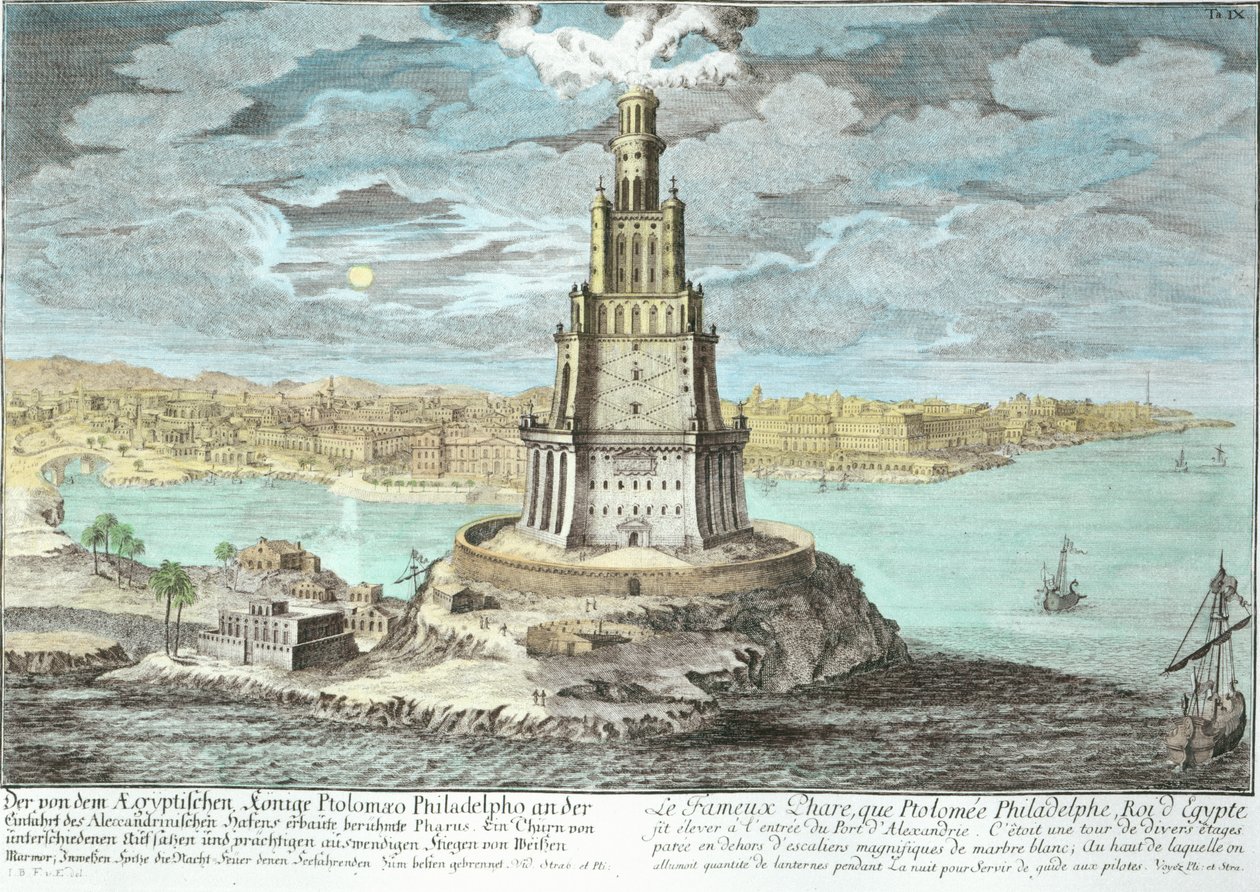 Farol em Alexandria, construído por Ptolomeu, o Grande (36-depois de 30 aC), Egito, de Entwurf einer historischen Architektur, gravado por Johann Adam Delsenbach (1687-1765) 1721 de Johann Bernhard Fischer von Erlach
