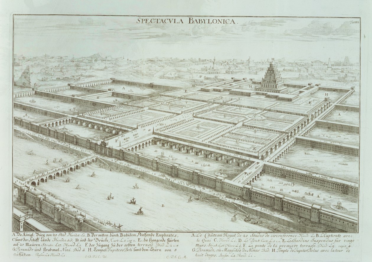 Vista panorâmica do Palácio Real e Jardins Suspensos da Babilônia, de &39;Design of a Historic Architecture&39;, 1721 de Johann Bernhard Fischer von Erlach