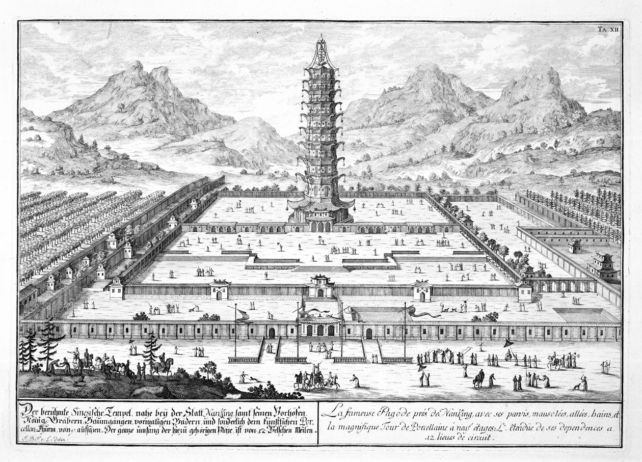 A torre de porcelana de Nanking, placa 12 de &39;Design de uma arquitetura histórica&39;, gravada por Johann Adam Delsenbach (1687-1765) 1721 de Johann Bernhard Fischer von Erlach