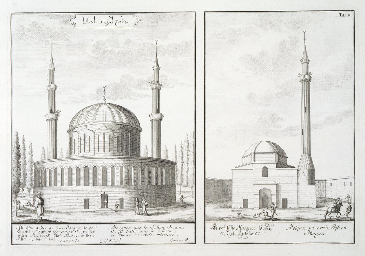 Vista de uma mesquita em Bursa e uma mesquita na Hungria, de &39;Architectural Design&39;, 1721 de Johann Bernhard Fischer von Erlach