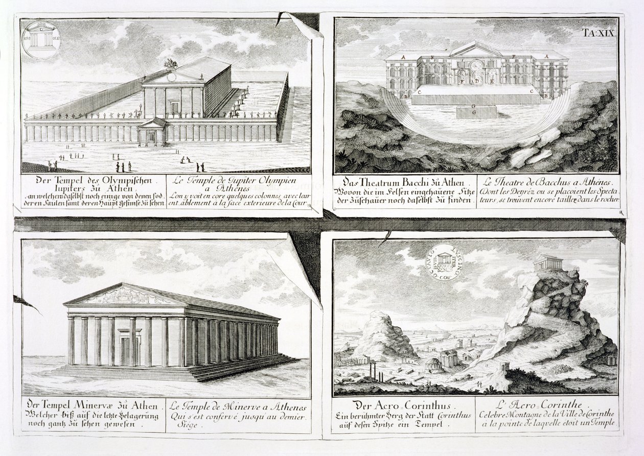 Vistas de quatro edifícios clássicos: O Templo de Zeus Olímpico, o Teatro de Dionísio em Atenas, o Templo de Atenas em Atenas e um Templo em Corinto, a partir de Entwurf einer historischen Architektur, de Johann Bernhard Fischer von Erlach