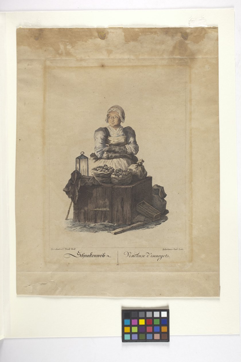 Schneckenweib Or Vendeuse Des Escargots (Snail Vendor) (gravura à mão) de Johann Christian (after) Brand