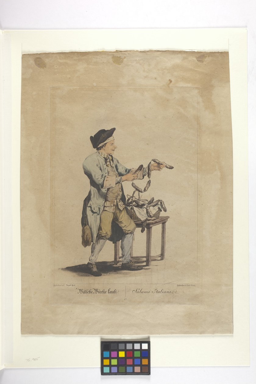 Wälsche Würste Kauft - Salame Italiani (gravura colorida à mão) de Johann Christian (after) Brand
