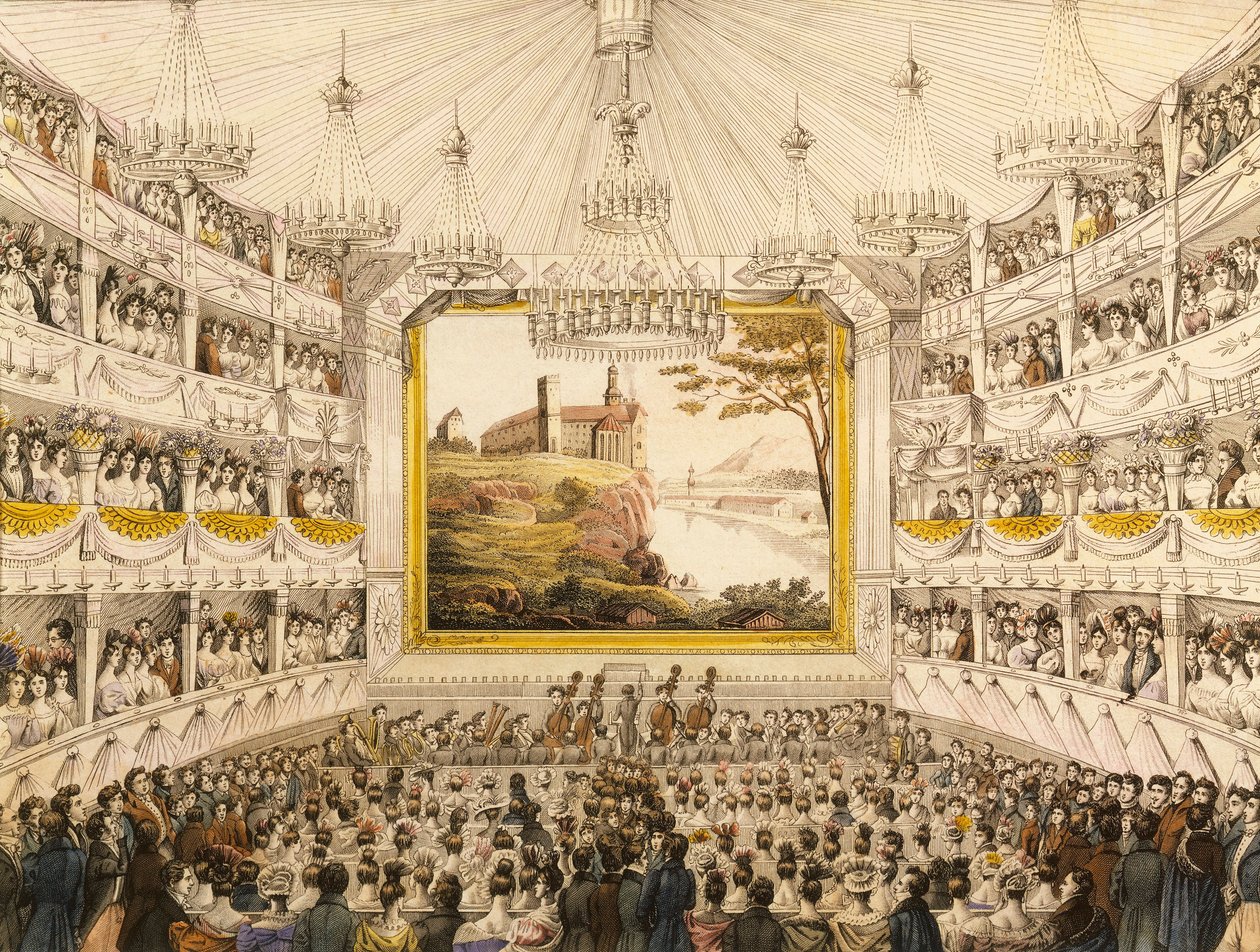 Áustria, Viena, Interior do Teatro an der Wien (Teatro de Viena), impressão em aquarela de J.C. Schoeller de Johann Christian (after) Schoeller