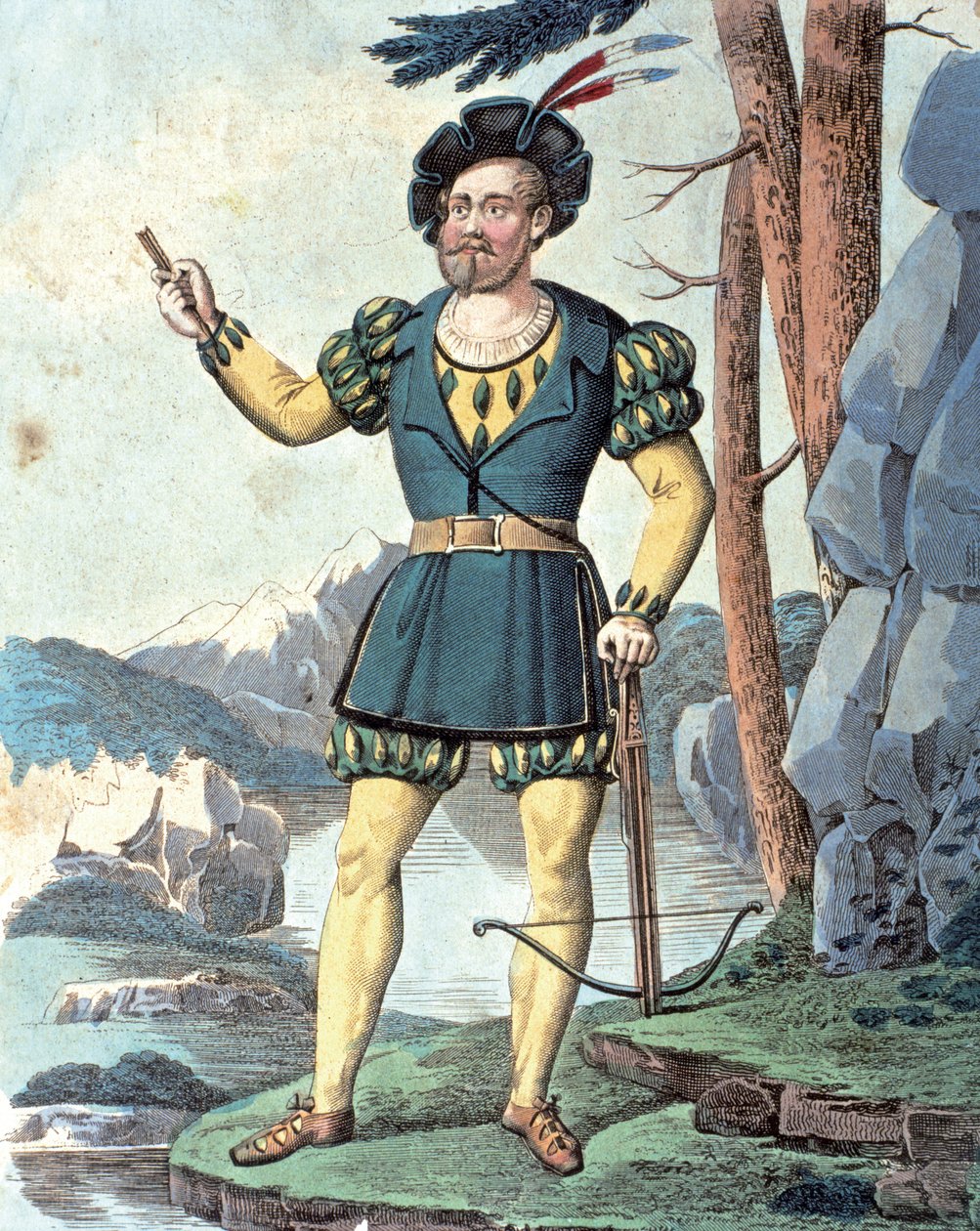 Franz von Schober como Guilherme Tell . 1837 (gravura a cores) de Johann Christian (after) Schoeller