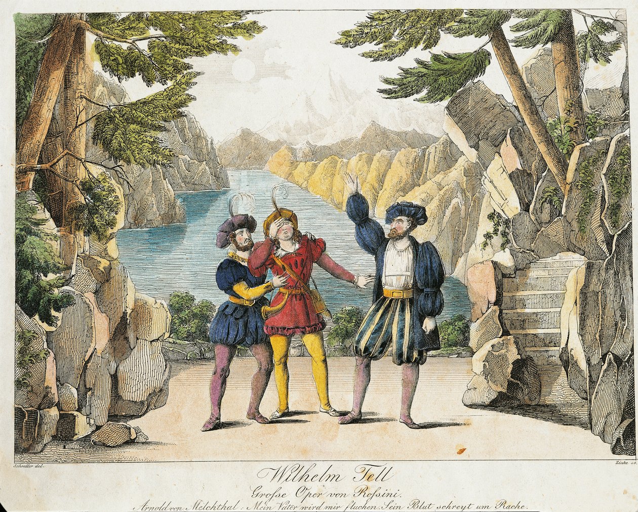 Cena de "William Tell" de Gioachino Rossini, gravada por Zincke (gravura colorida) de Johann Christian (after) Schoeller