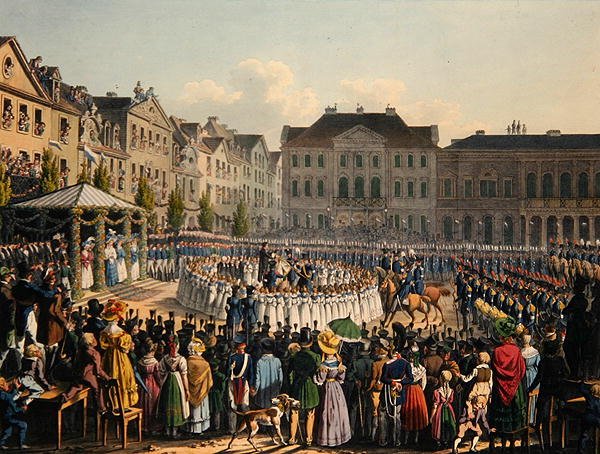 Cerimônia de Consagração da Bandeira da Guarda Cidadã de Kassel em 1831 (cor litho) de Johann Christian Arnold