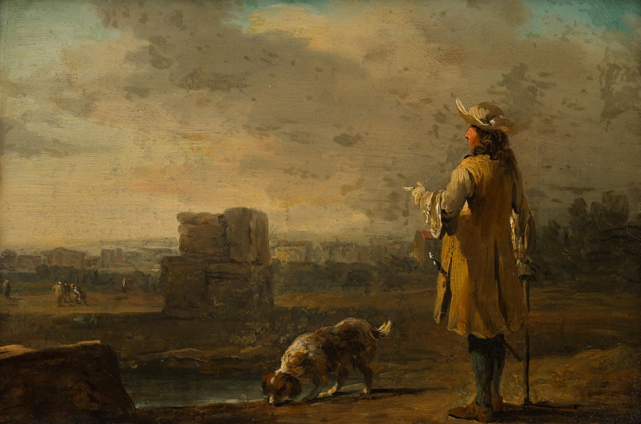 Cavalheiro com cão numa paisagem de Johann Christian Brand
