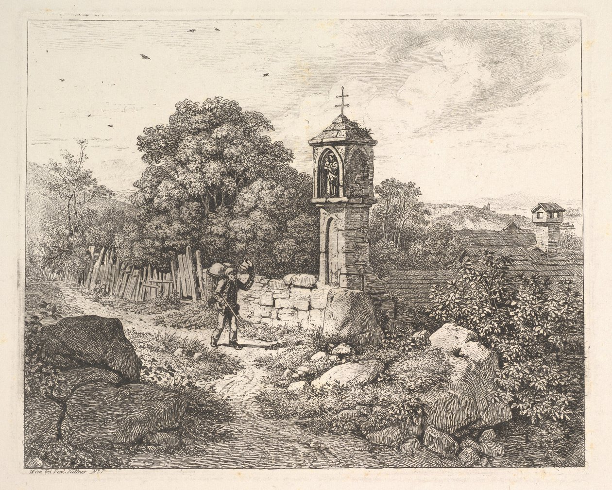 Um camponês cumprimentando a estátua de Maria, 1817. de Johann Christian Erhard