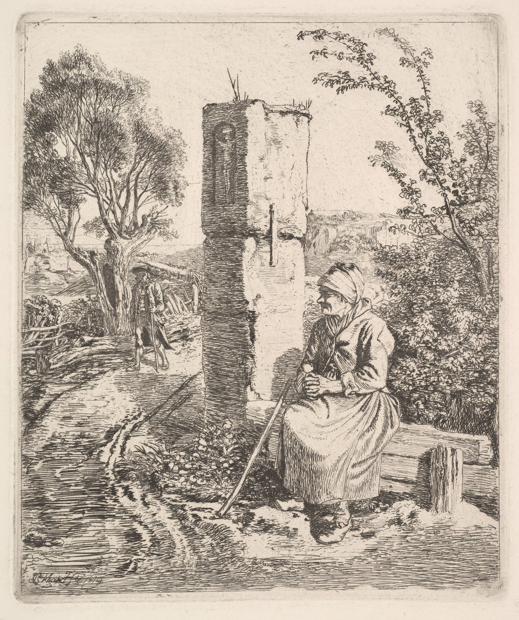 Uma velha senhora sentada perto de um pilar na beira da estrada, 1819. de Johann Christian Erhard