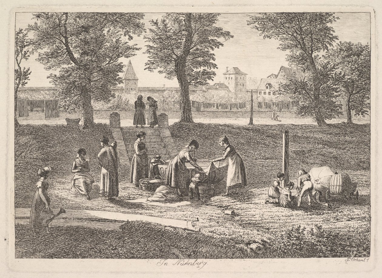 Cena ao ar livre de mulheres em atividades domésticas em Nurnberg, século XIX. de Johann Christian Erhard