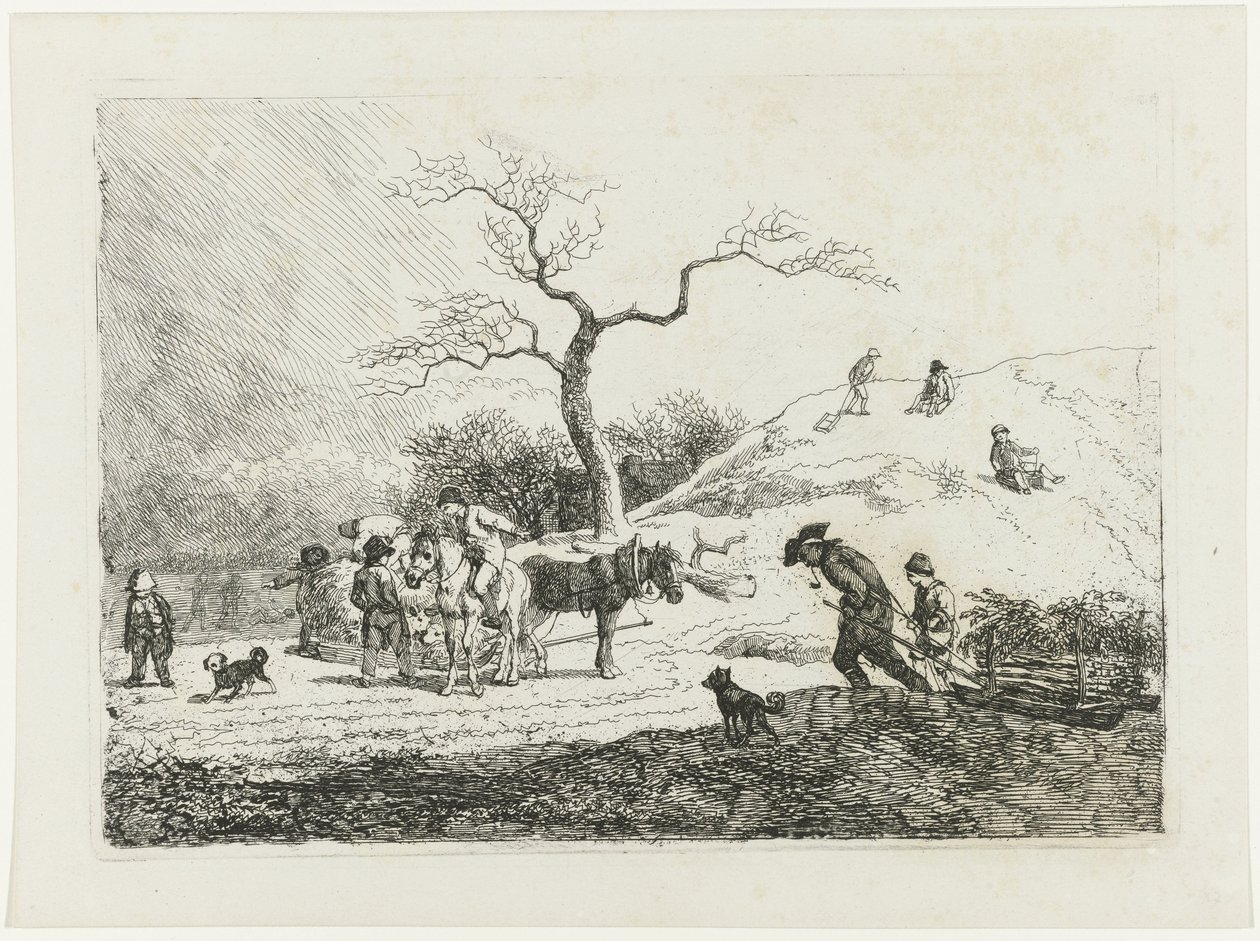 Paisagem de inverno com crianças de trenó e vários trenós de Johann Christian Klengel