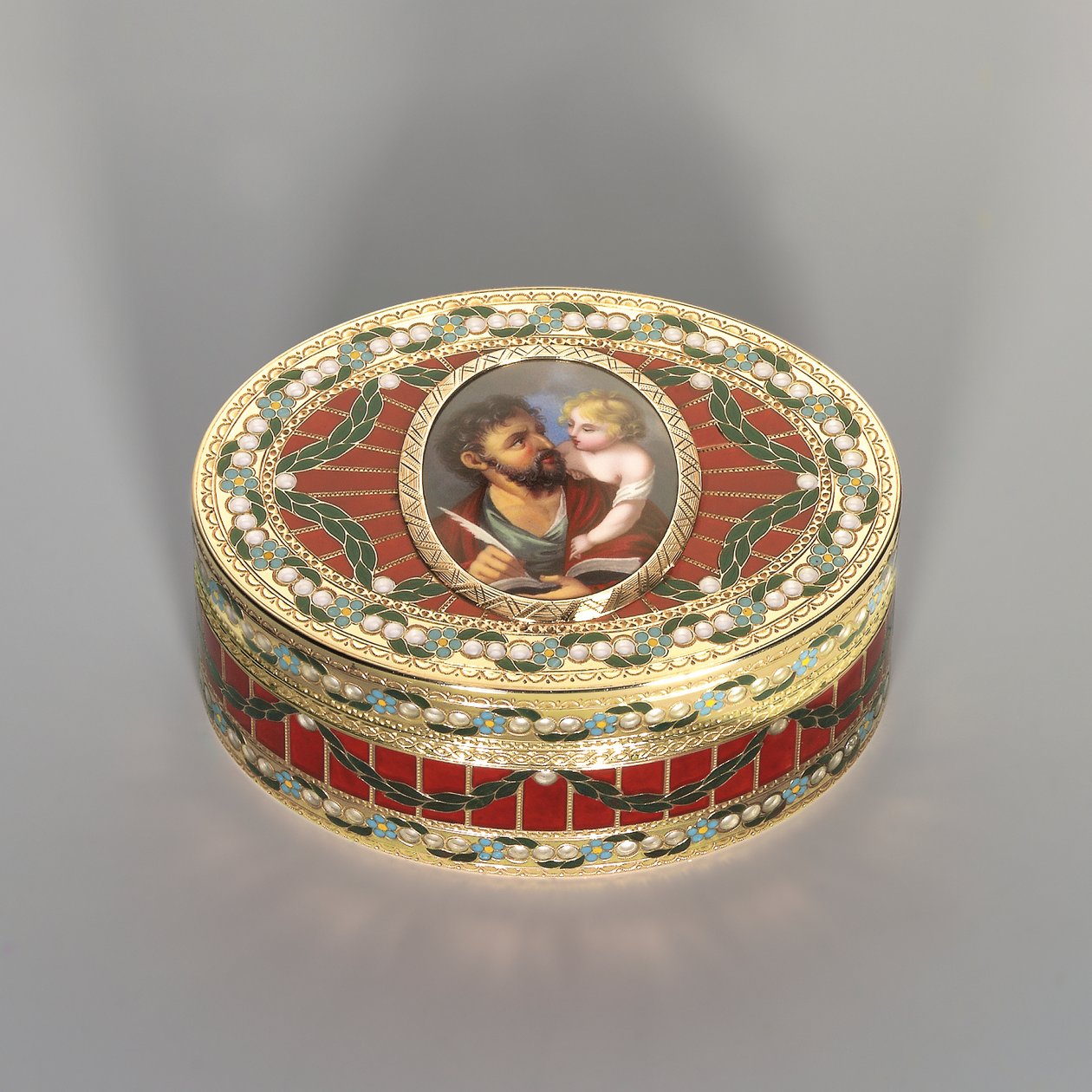 Caixa de rapé, Dresden, c.1775-80, a miniatura de Genebra, c.1800 (pedra dura Saxon, ouro e esmalte) de Johann Christian Neuber