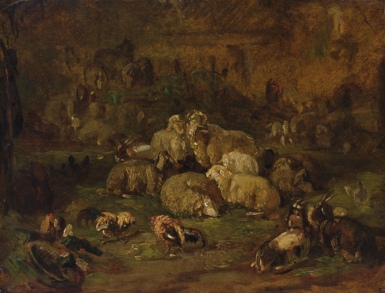 Ovelhas, cabras e galinhas (óleo sobre papel colocado sobre tela) de Johann Christian Reinhardt
