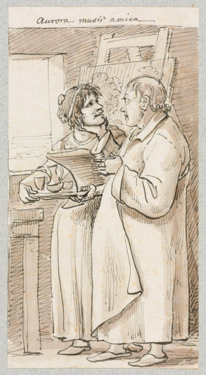 Homem idoso com uma saia comprida e uma mulher com uma chávena de café nas mãos, em pé diante de um cavalete de Johann Christian Reinhart