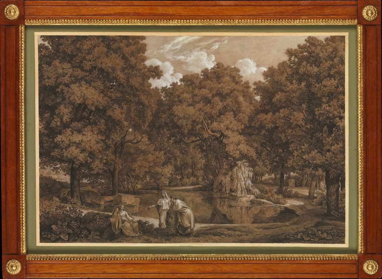Paisagem arcádica com três figuras junto a um lago de Johann Christian Reinhart