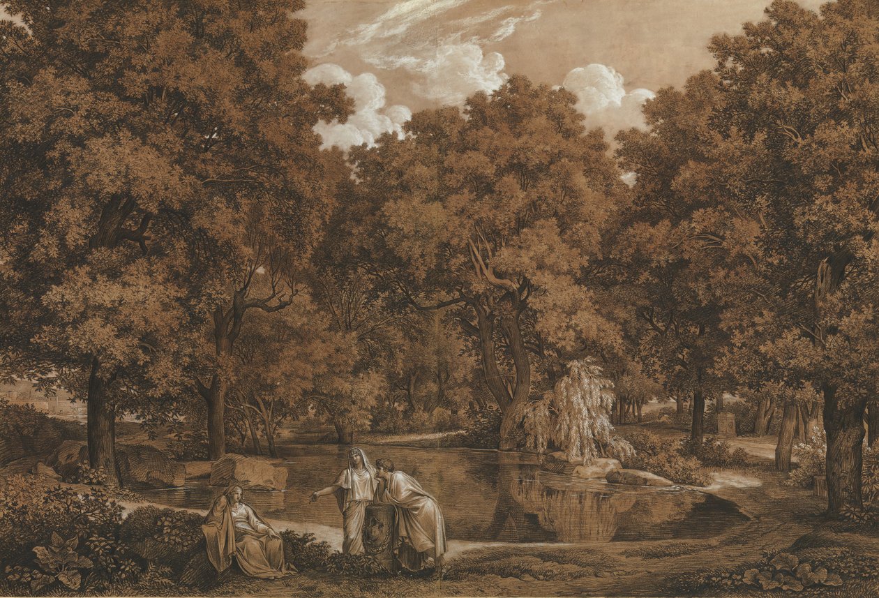 Paisagem Arcadian com três figuras em um lago, 1792. de Johann Christian Reinhart