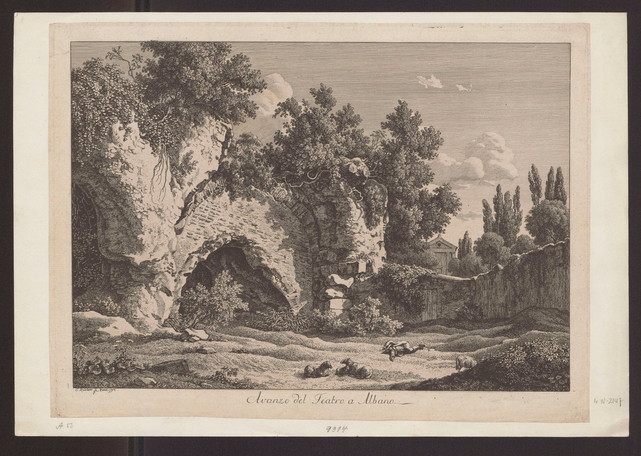 Vista do teatro em Albano (Pastor com ovelhas entre ruínas) de Johann Christian Reinhart