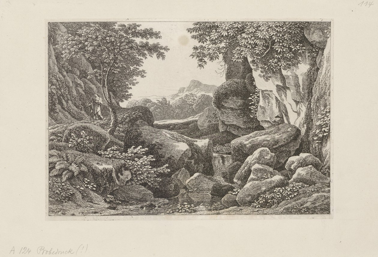 Paisagem rochosa com um pastor a caminhar à esquerda de Johann Christian Reinhart