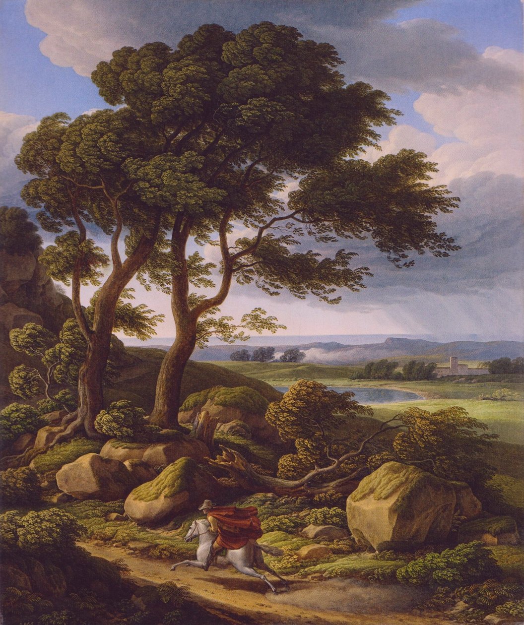 Alemão: paisagem tempestuosa com cavaleiro. de Johann Christian Reinhart