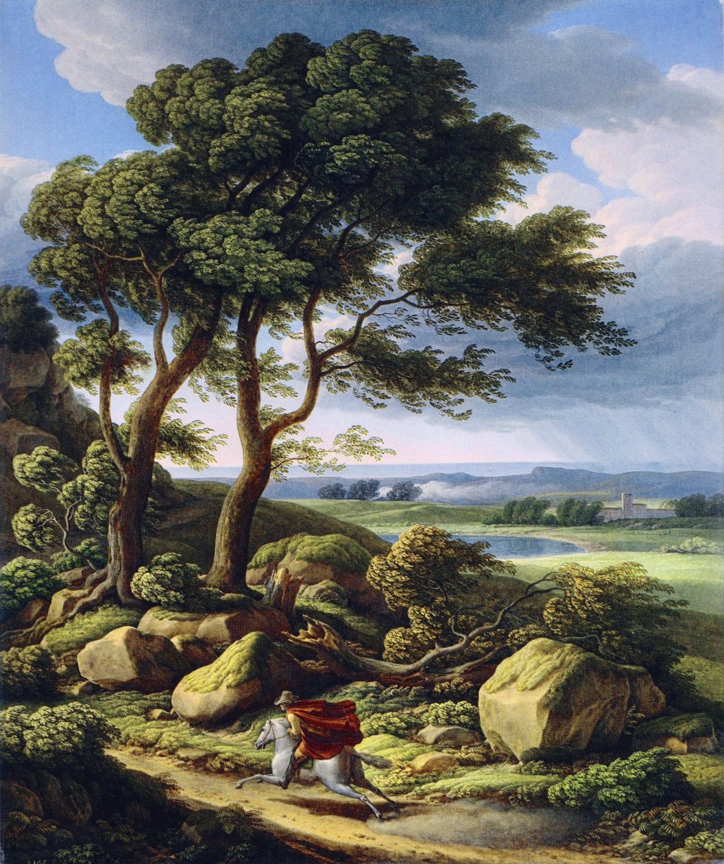 Alemão: paisagem tempestuosa com cavaleiro. de Johann Christian Reinhart