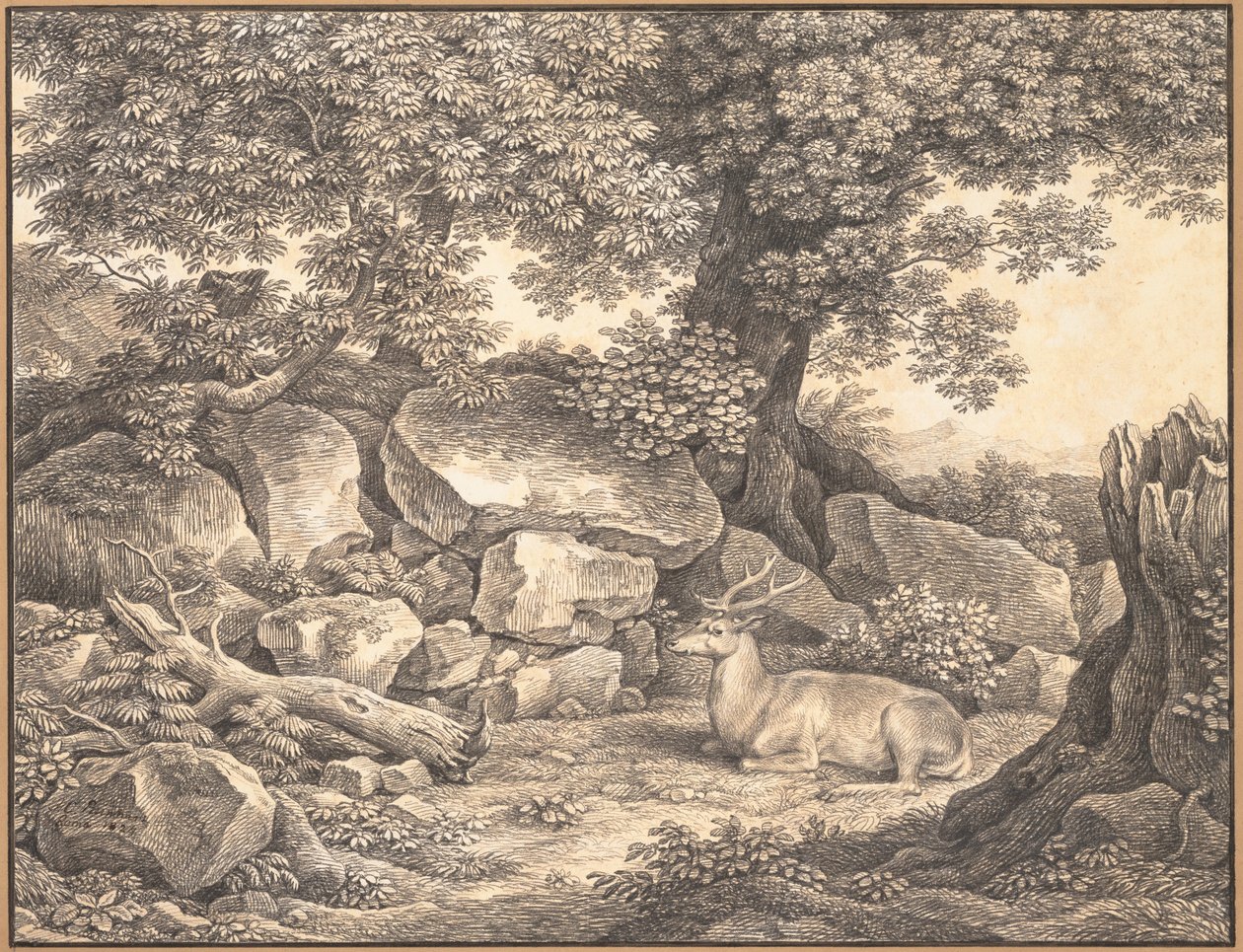 Paisagem italiana com árvores, rochedos e um veado em repouso de Johann Christian Reinhart