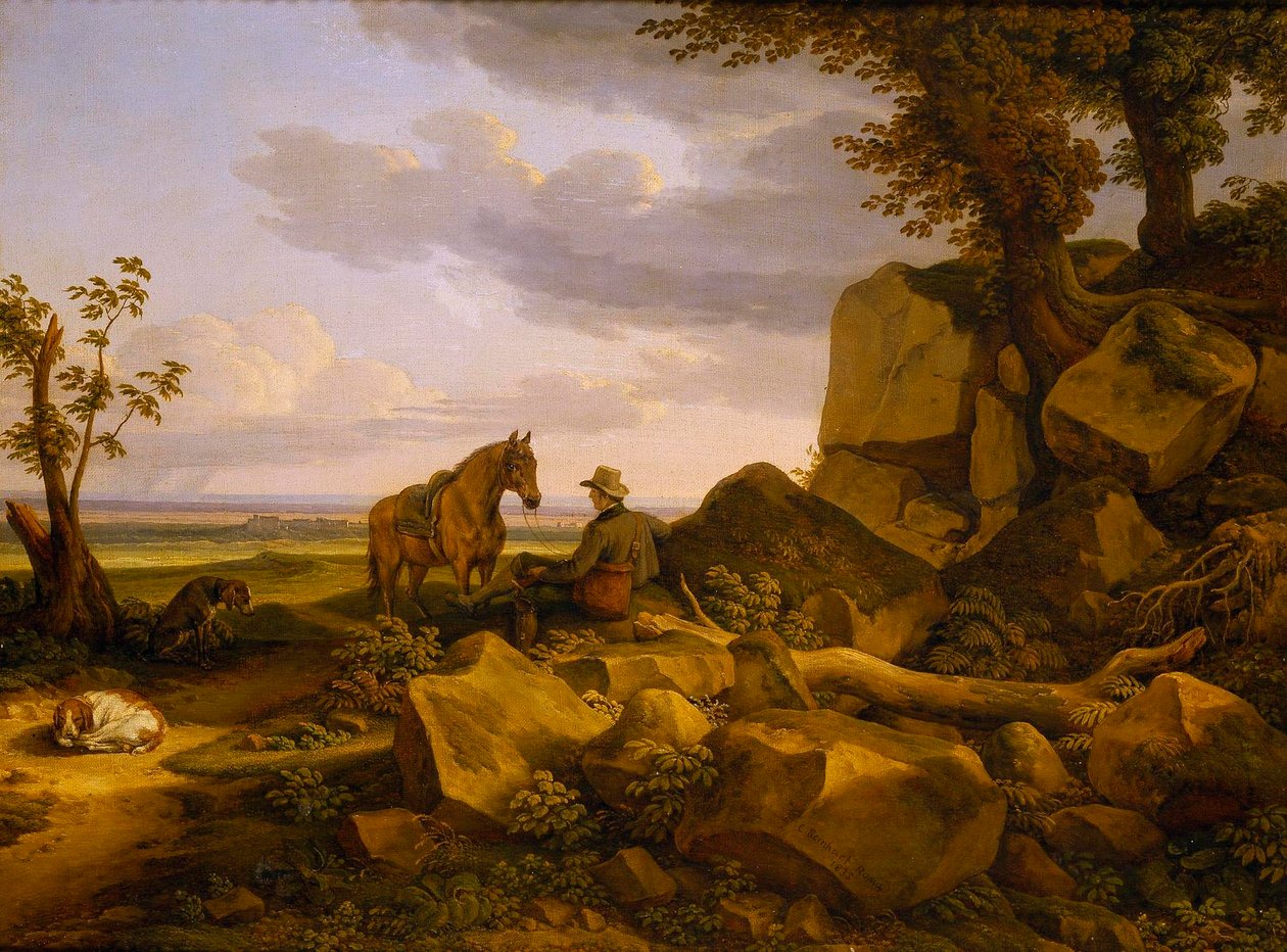 Paisagem italiana com caçador em repouso, autorretrato de Johann Christian Reinhart