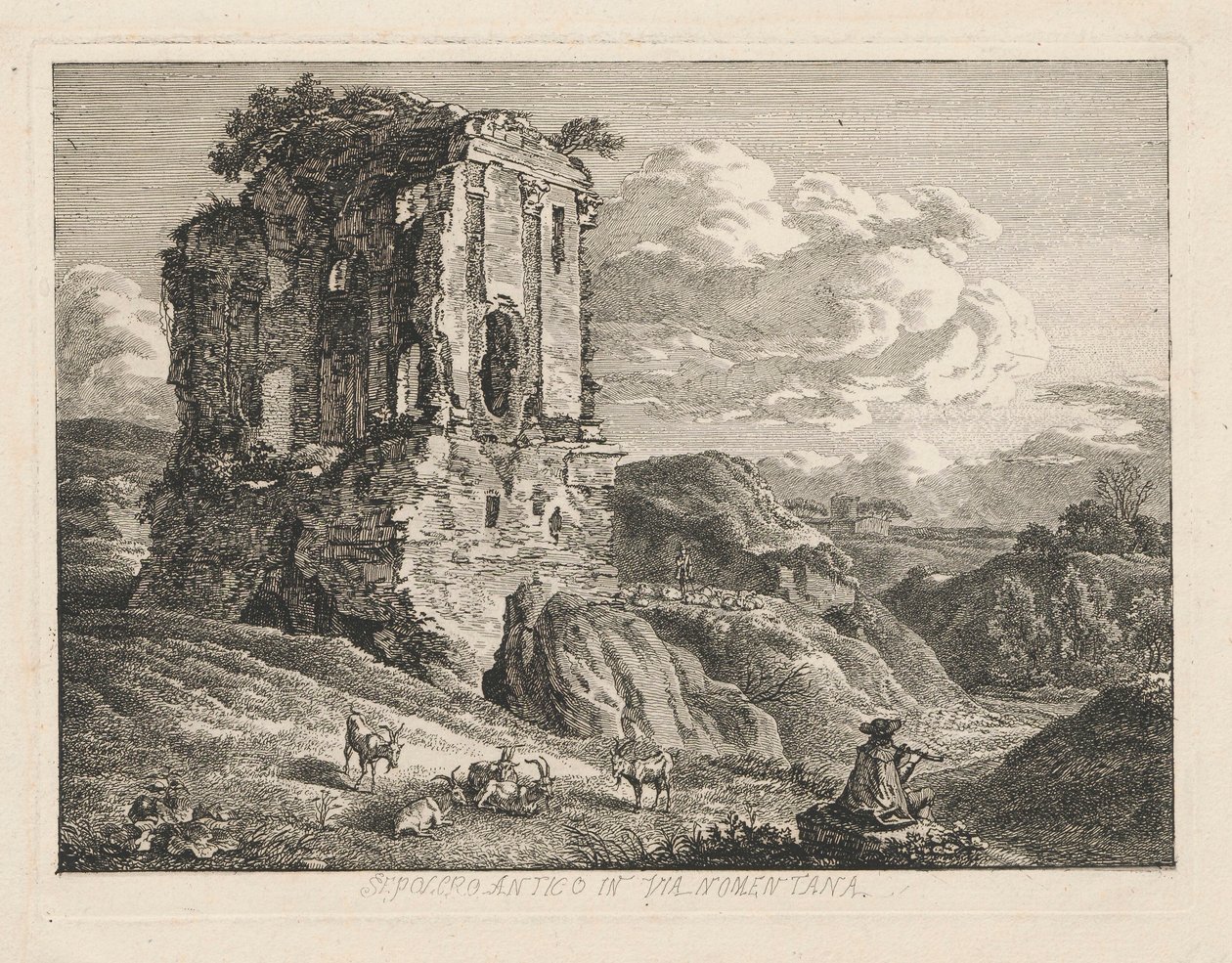 Paisagem com um túmulo antigo; à direita, cabras e um pastor a tocar flauta de Johann Christian Reinhart