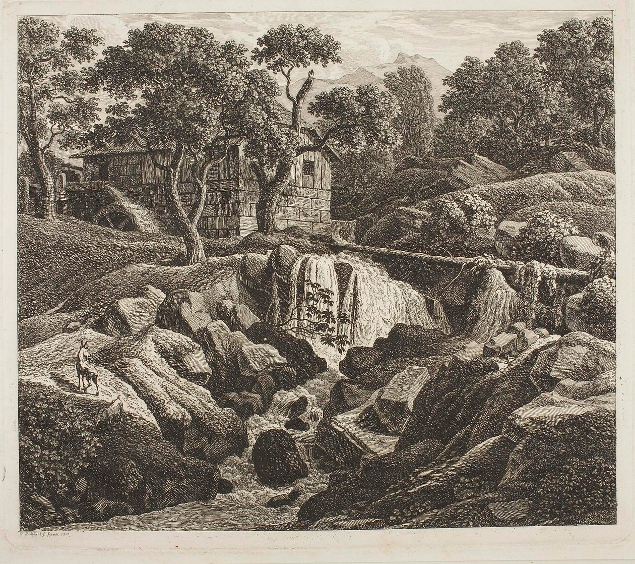 Paisagem com roda de moinho de Johann Christian Reinhart