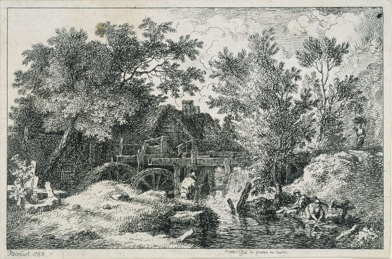 Paisagem com moinho de água (primeira tentativa de gravura em cobre) de Johann Christian Reinhart