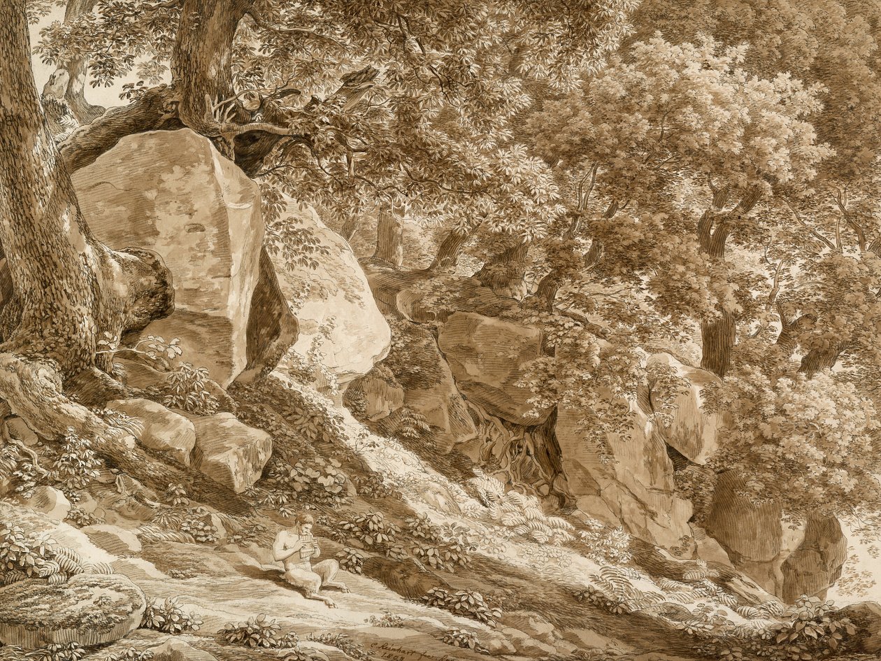 Paisagem rochosa com Pan tocando sua flauta (no parque da Villa Chigi, Ariccia) de Johann Christian Reinhart