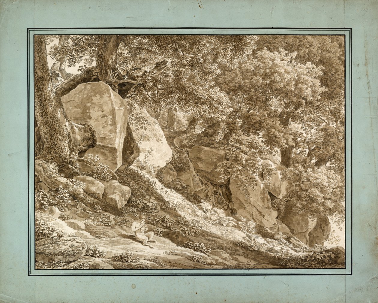 Paisagem rochosa com Pan tocando sua flauta de Johann Christian Reinhart