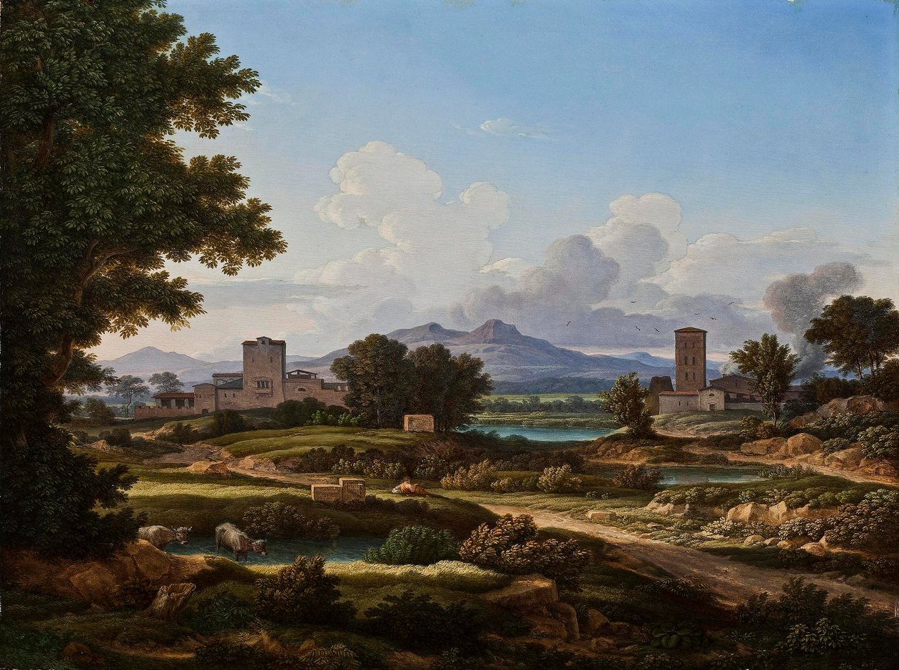 Paisagem romana, composta com elementos da Torre del Quinto de Johann Christian Reinhart