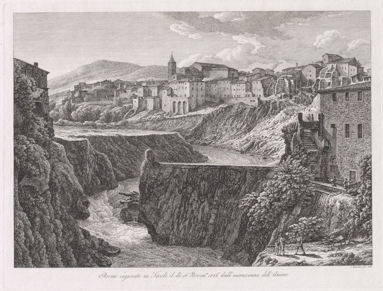 Ruínas causadas em Tivoli, pelo crescimento do Aniene (Tivoli danificado pela inundação do rio Aniene) de Johann Christian Reinhart